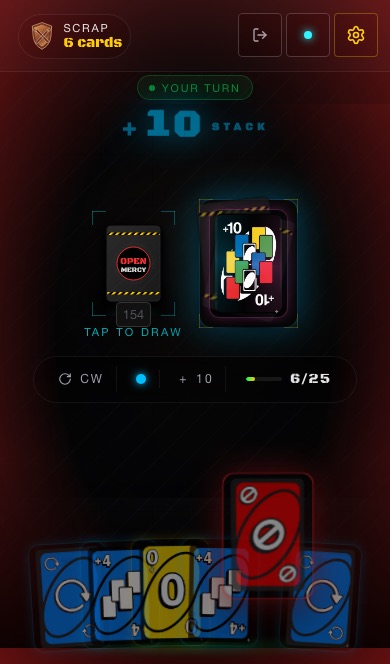 A Draw 10 on the discard pile, a +10 STACK banner above it and TAP TO DRAW under the deck, with every card in hand greyed out
